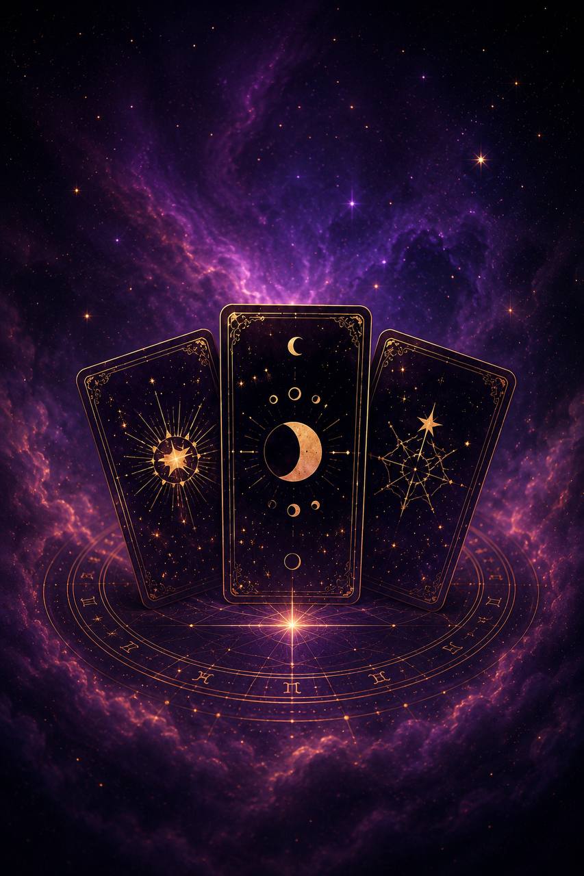 Three celestial Tarosyn cards arranged over a glowing zodiac chart